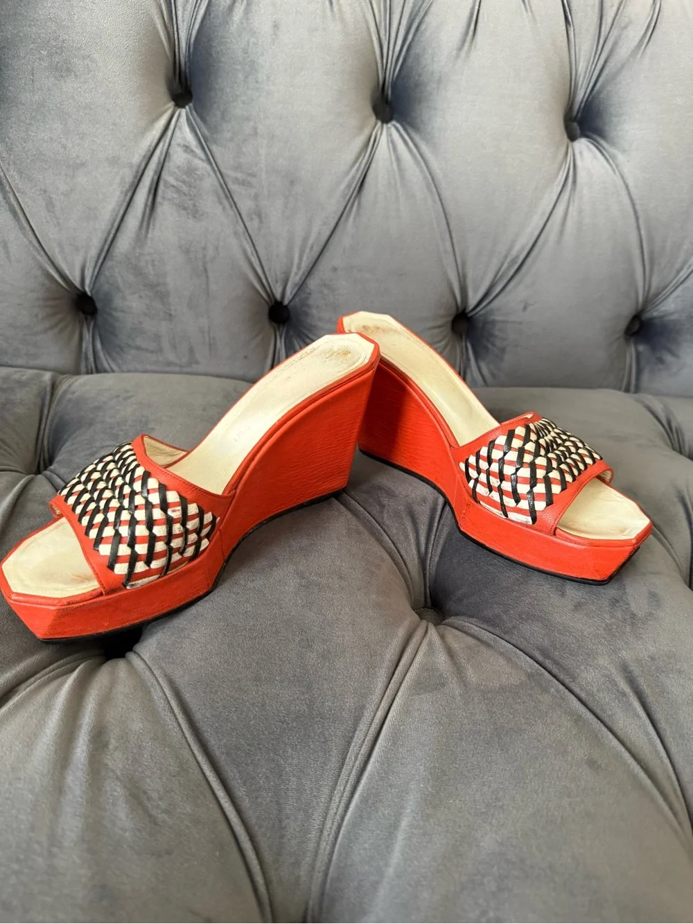 Vintage Stéphane Kélian Paris Orange Leather Woven Platform Wedge Sandals Size 7